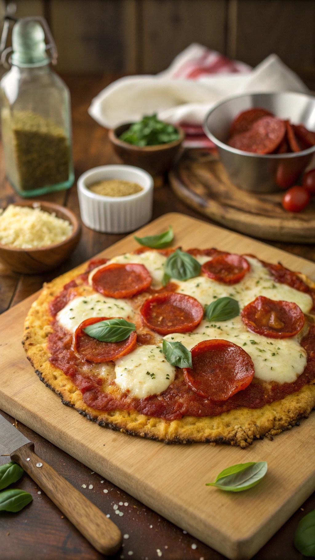 A delicious low carb pizza with pepperoni and fresh basil on a wooden board.