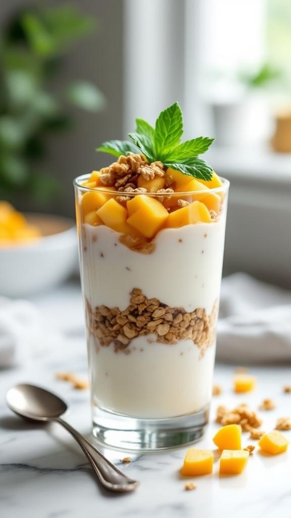 A delicious mango yogurt parfait with layers of yogurt, granola, and diced mango, garnished with mint leaves.