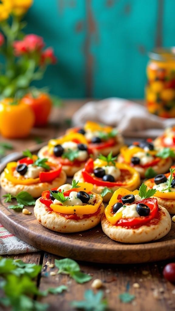 Mini veggie pizzas topped with colorful vegetables on a wooden platter.