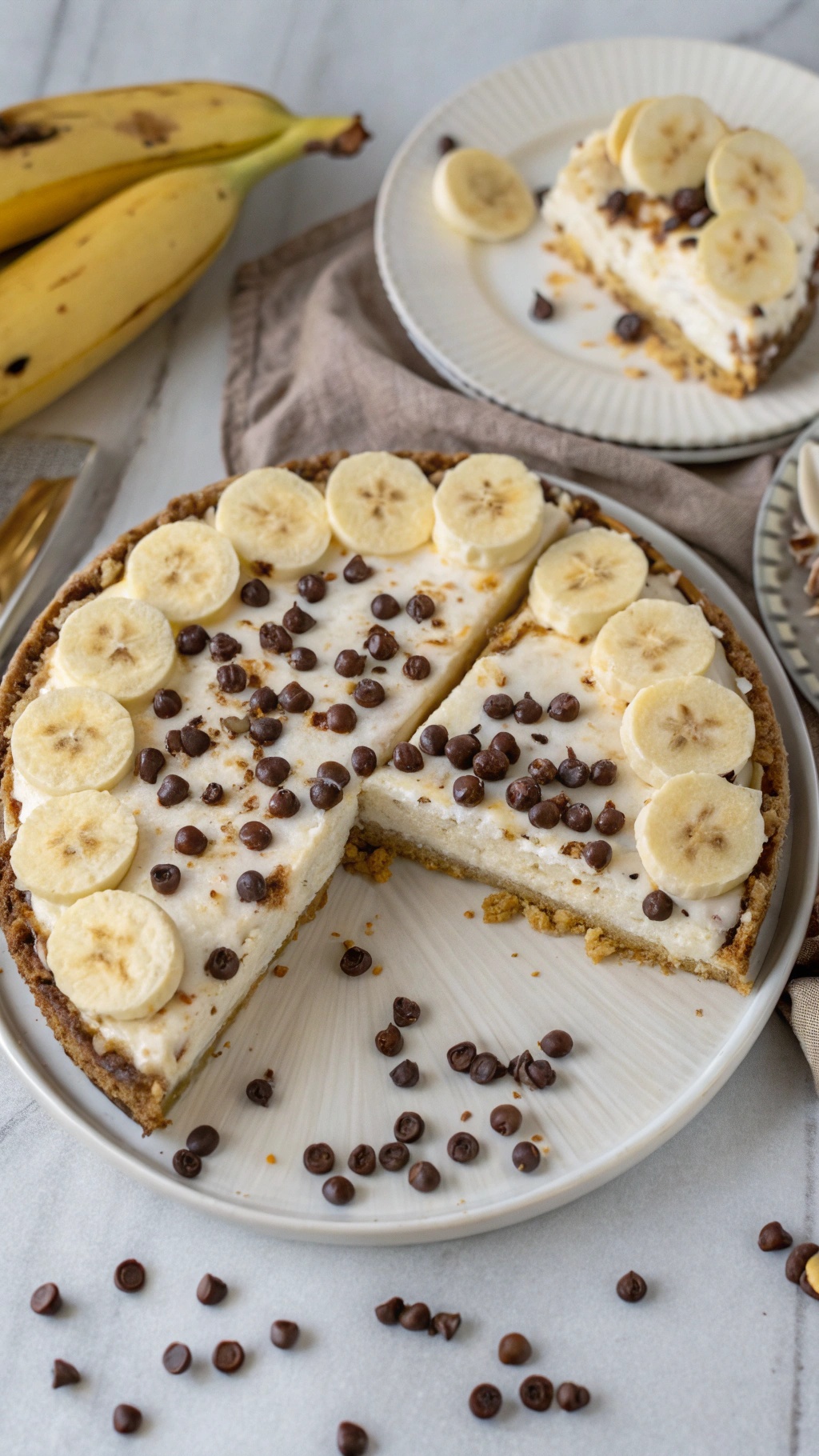 A delicious no-bake banana chocolate chip pie with banana slices and chocolate chips on top.