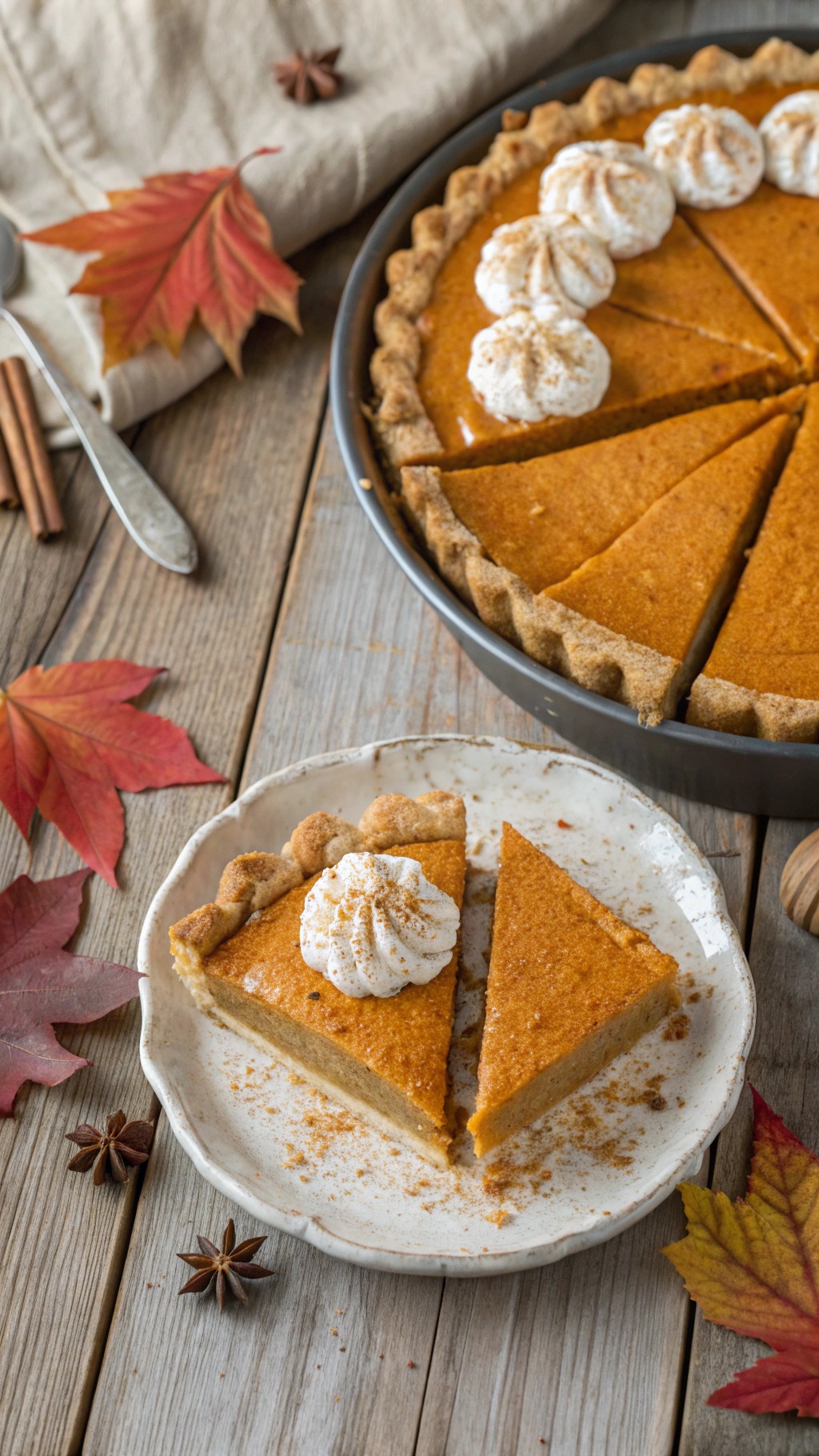A no-bake pumpkin pie with a slice cut out, garnished with whipped cream and surrounded by autumn leaves.