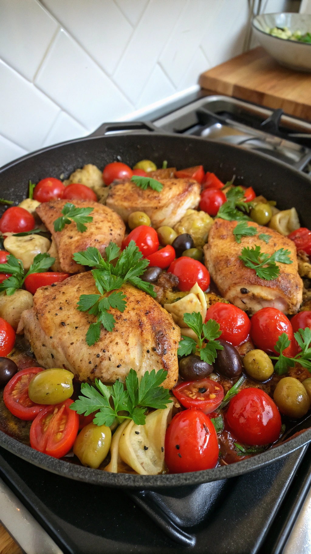 A one-pan Mediterranean chicken dish with colorful vegetables and herbs