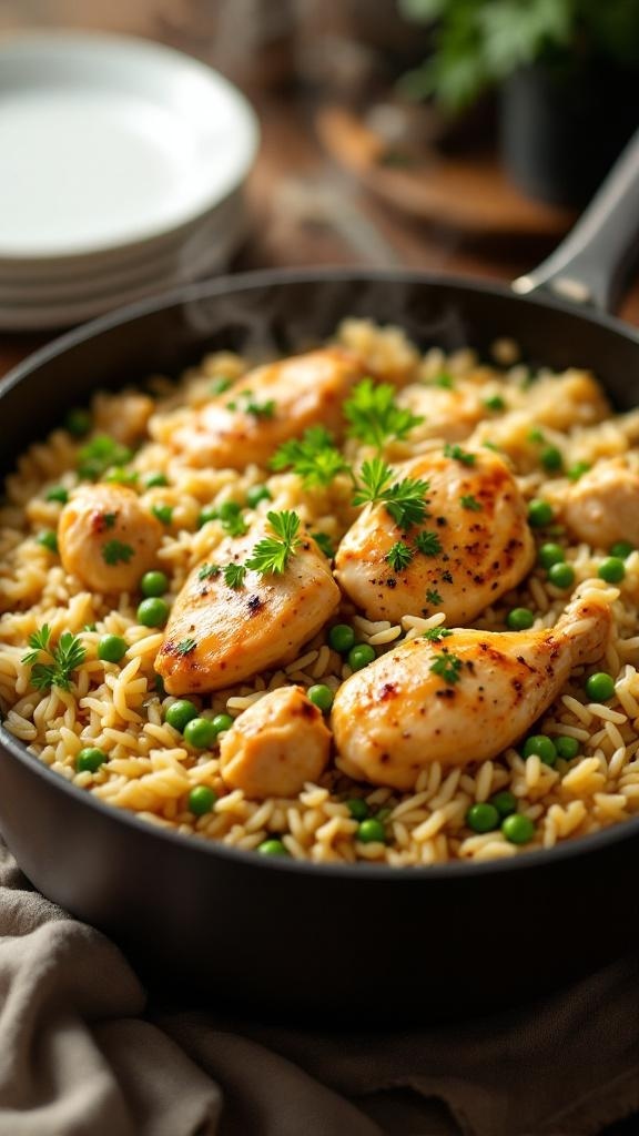 One-pot chicken and rice with green peas garnished with parsley