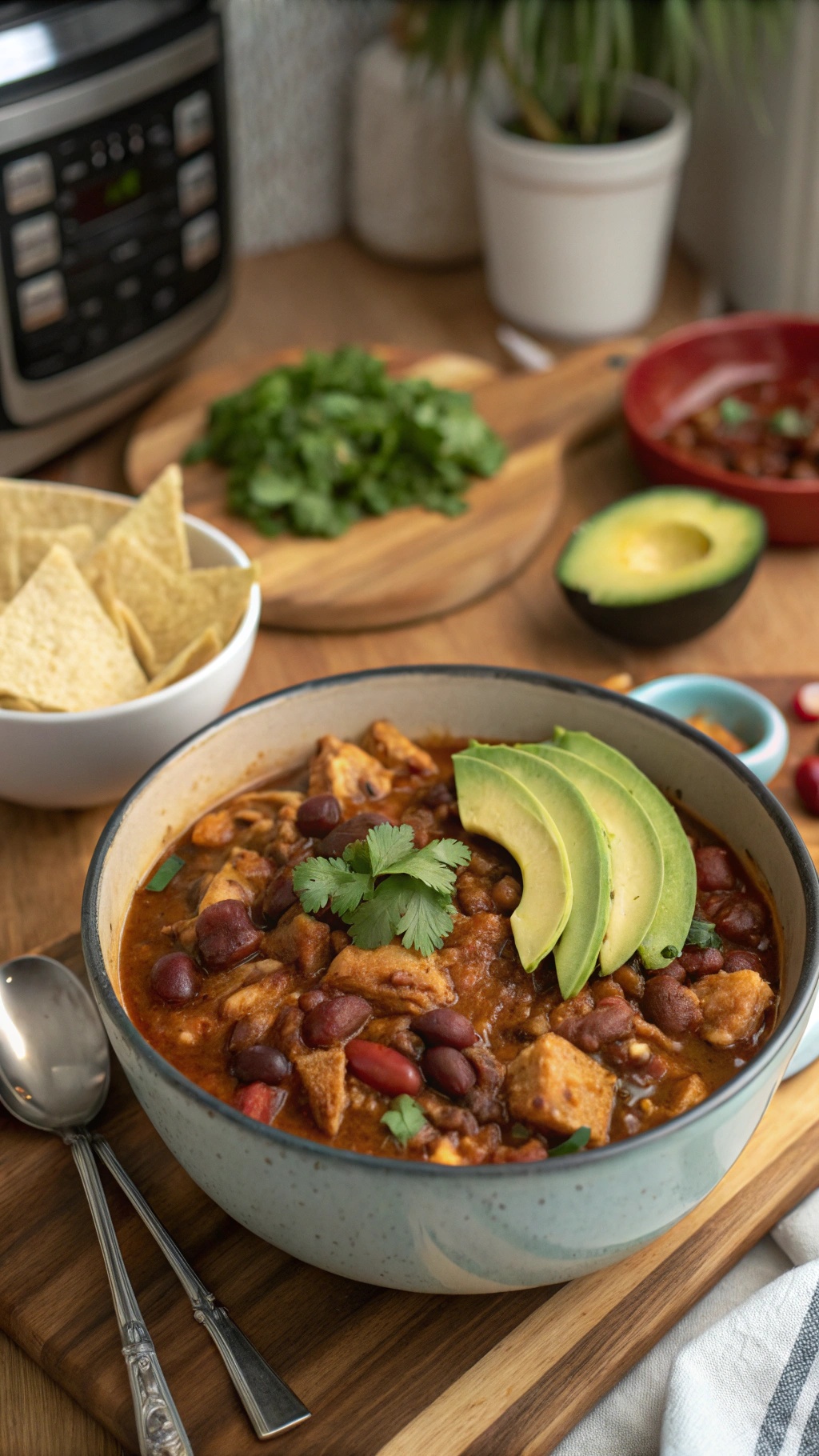 A bowl of chicken chili topped with avocado slices and cilantro, served with tortilla chips.