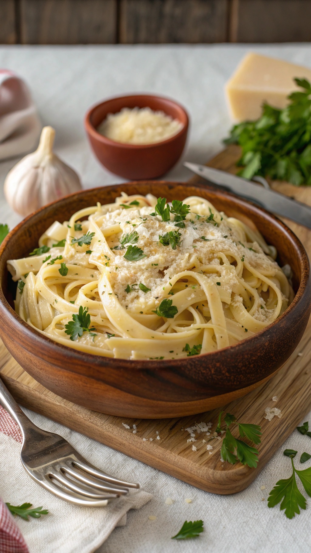 A bowl of garlic parmesan pasta garnished with parsley, with garlic and cheese in the background.