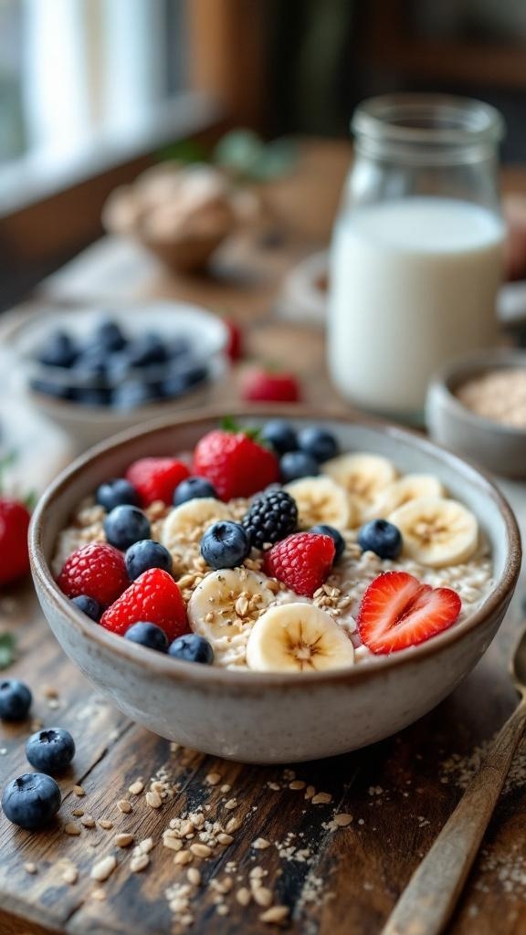 A bowl of overnight oats topped with fresh fruits like bananas, strawberries, blueberries, and raspberries.