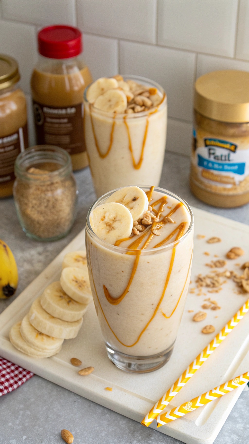 A delicious peanut butter and banana smoothie topped with banana slices and peanut butter drizzle, surrounded by ingredients.