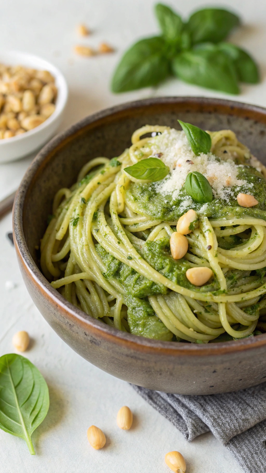 A bowl of pesto pasta garnished with basil and pine nuts.