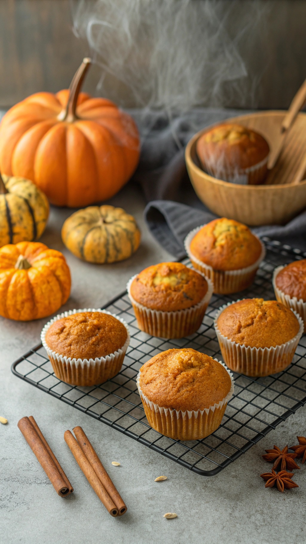 Freshly baked pumpkin muffins cooling on a wire rack with pumpkins and cinnamon sticks in the background.