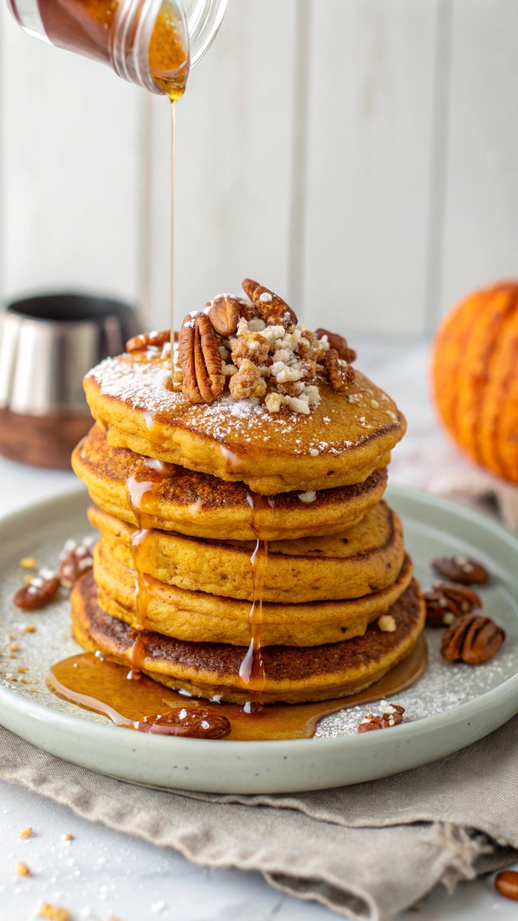 Stack of pumpkin pancakes topped with syrup and pecans