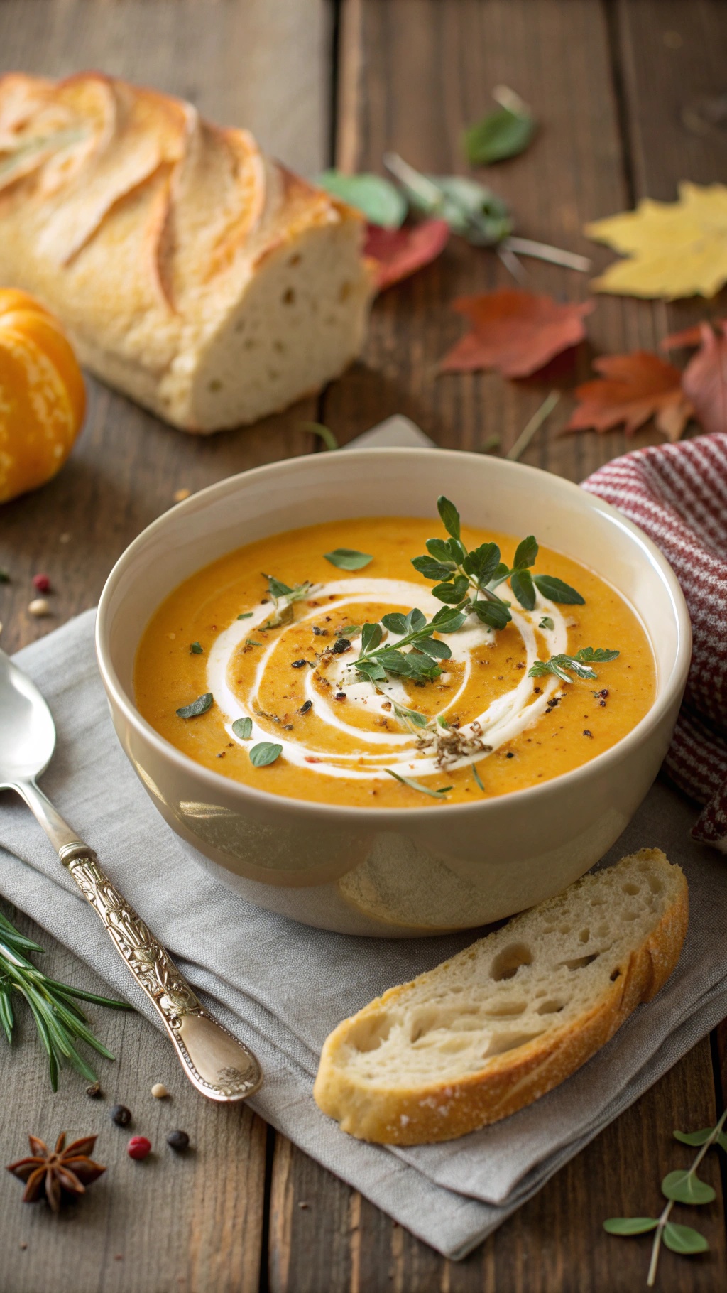 A bowl of creamy pumpkin soup garnished with herbs, served with a slice of bread on a rustic wooden table.