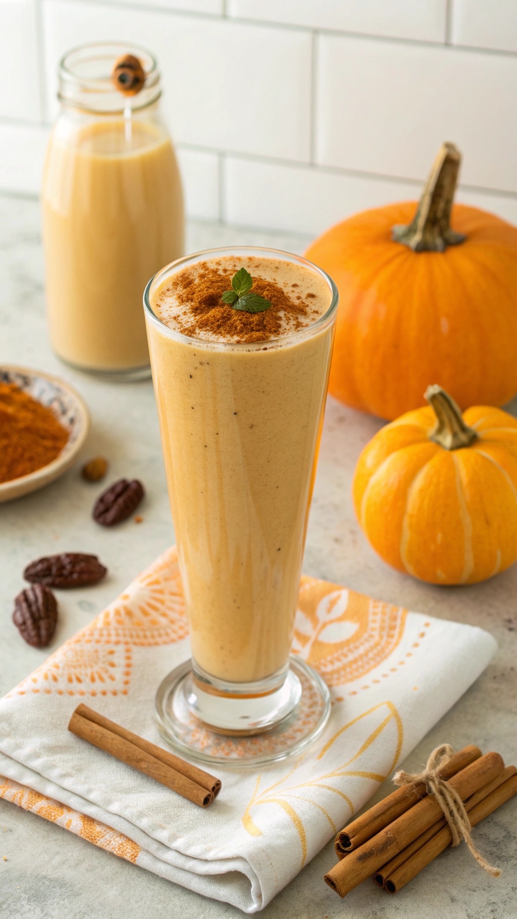 A tall glass of pumpkin spice smoothie topped with cinnamon, surrounded by pumpkins and cinnamon sticks.