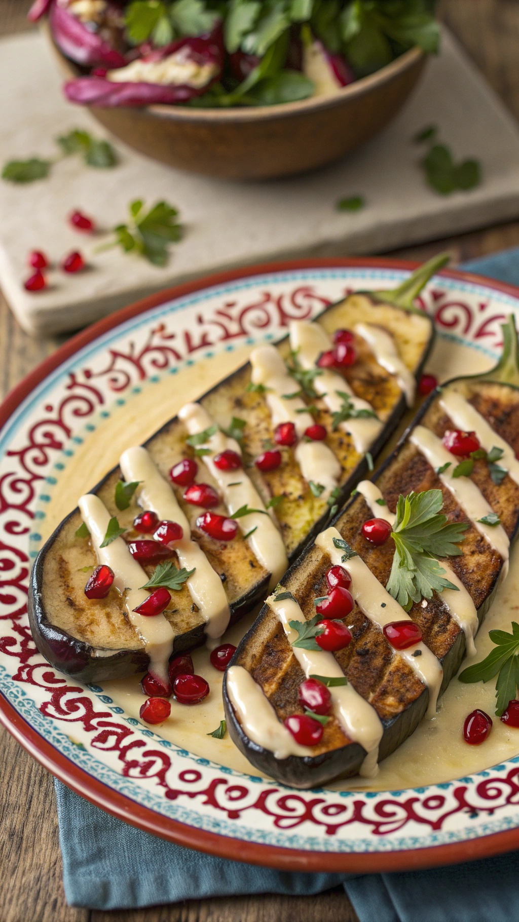 A plate of roasted eggplant drizzled with tahini sauce, garnished with pomegranate seeds and parsley.