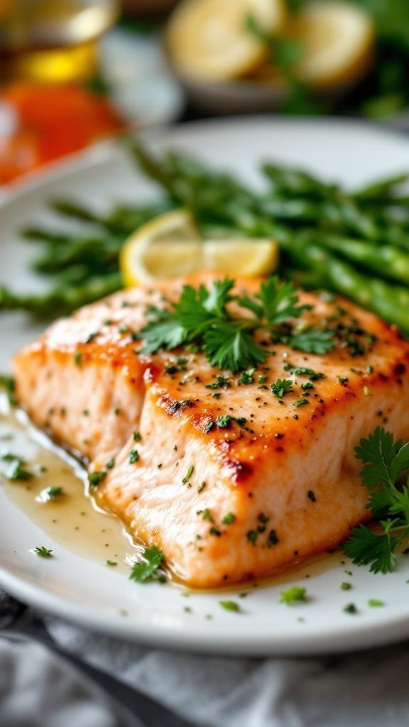 A plate of delicious salmon fillet garnished with herbs and lemon, served with asparagus.