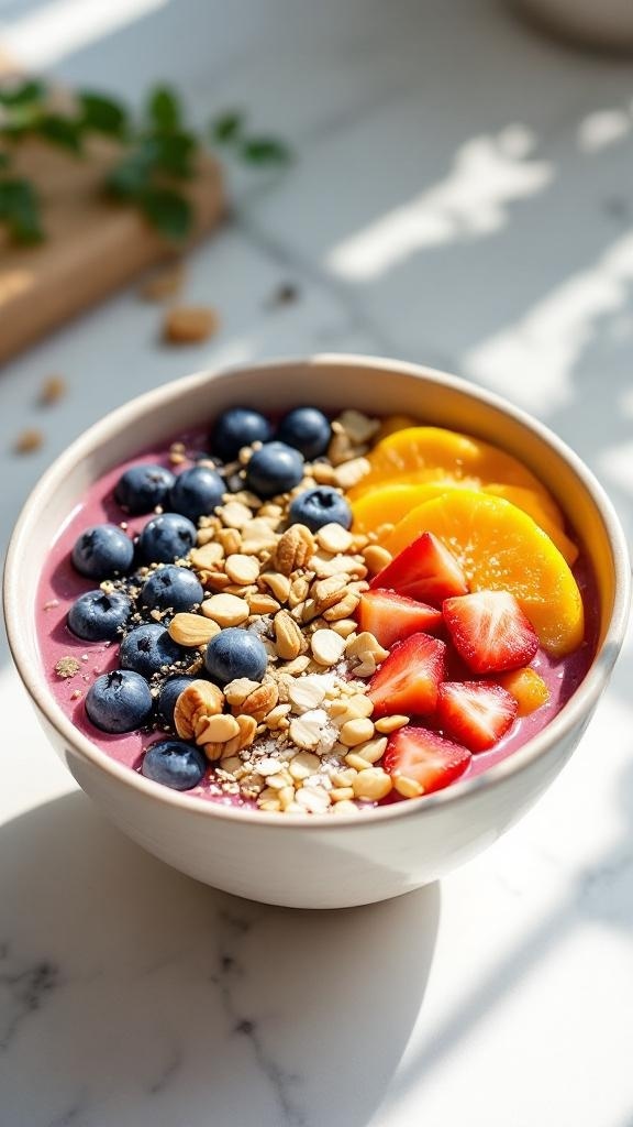 A colorful smoothie bowl topped with blueberries, strawberries, granola, and mango slices.