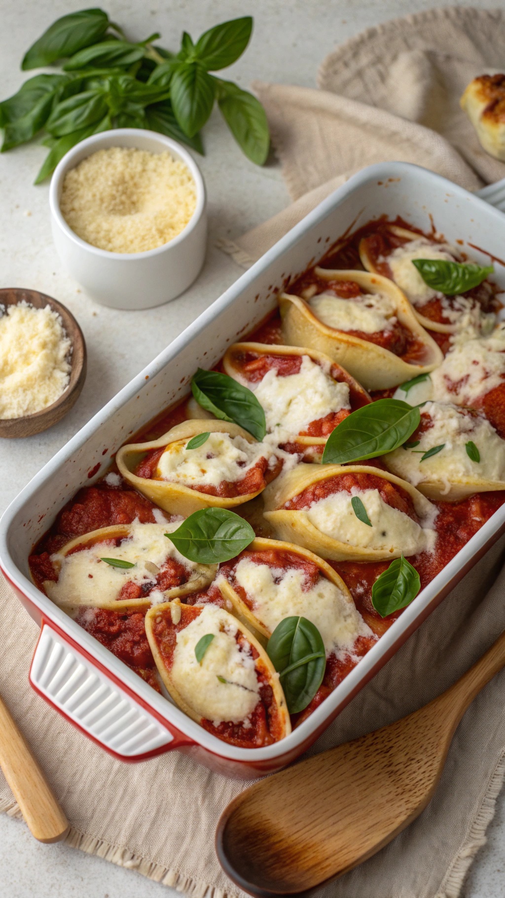 A dish of spinach and ricotta stuffed shells topped with cheese and basil.