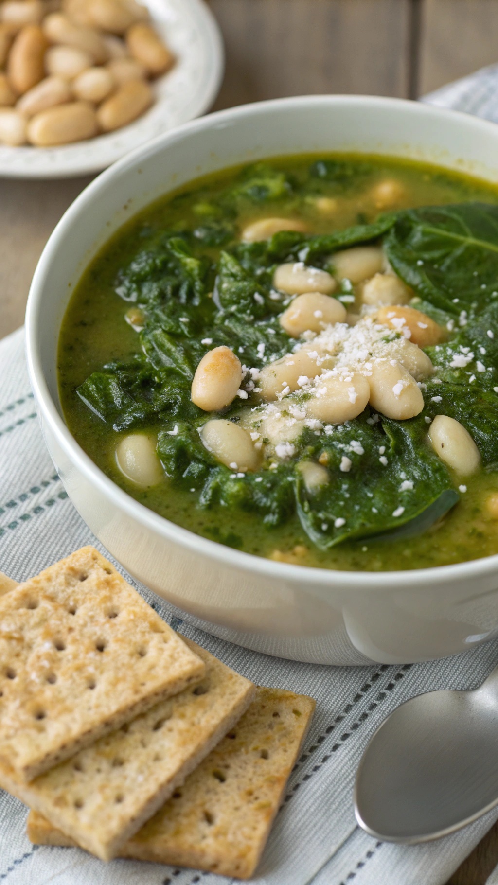 A bowl of spinach and white bean soup garnished with beans and cheese, served with crackers.