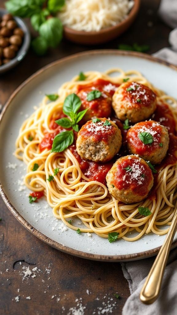 A plate of turkey and zucchini meatballs served over spaghetti with marinara sauce and garnished with fresh herbs.