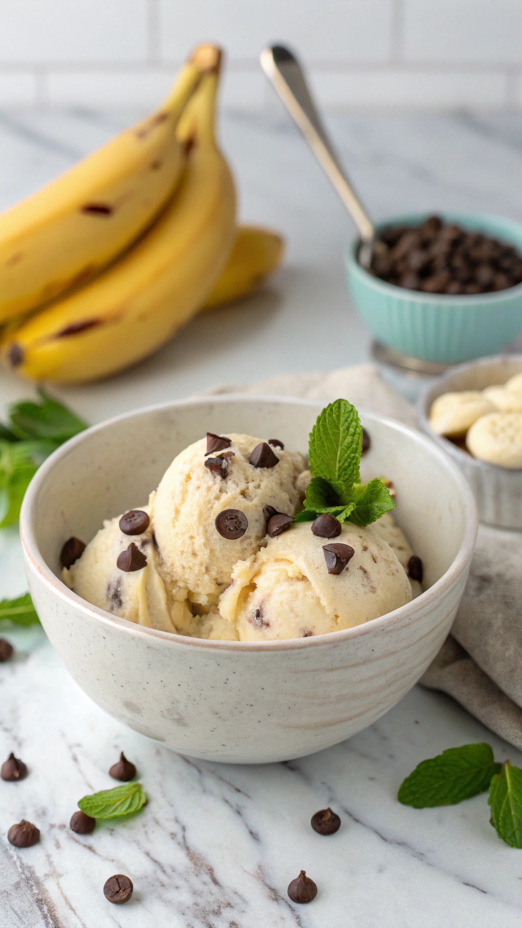 A bowl of vegan banana ice cream topped with chocolate chips and mint leaves, with bananas in the background.