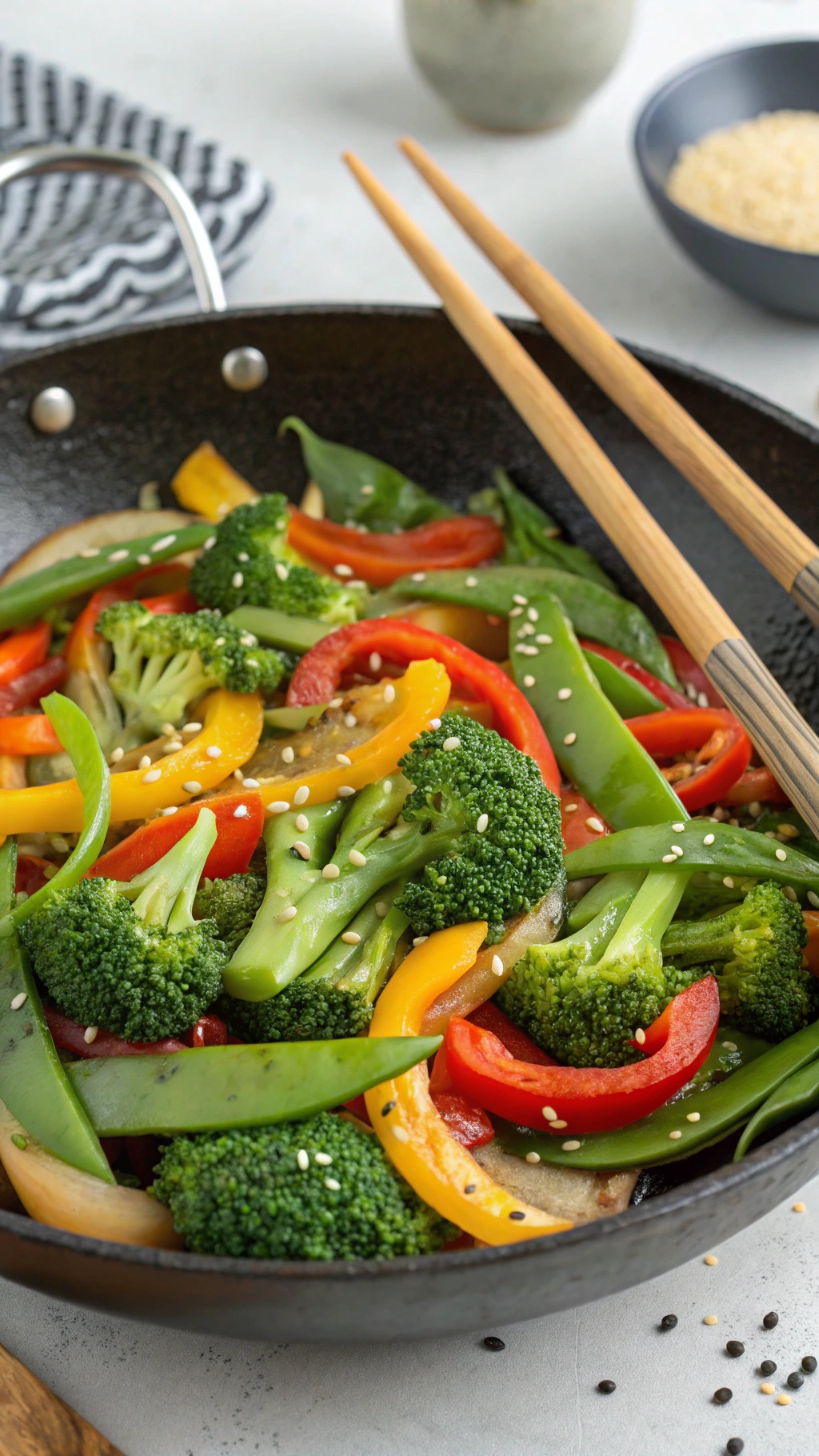 A colorful veggie-packed stir-fry with broccoli, bell peppers, and snap peas in a wok.