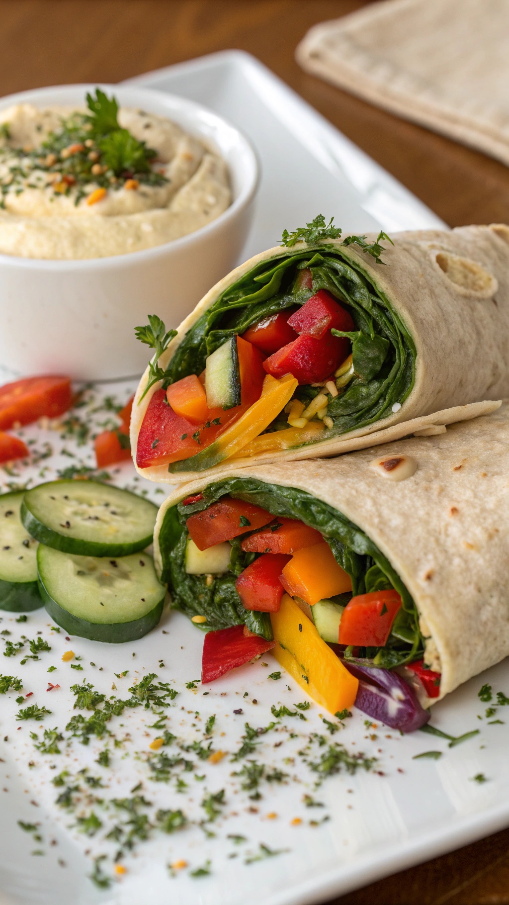 Veggie wraps with fresh vegetables and hummus on a plate
