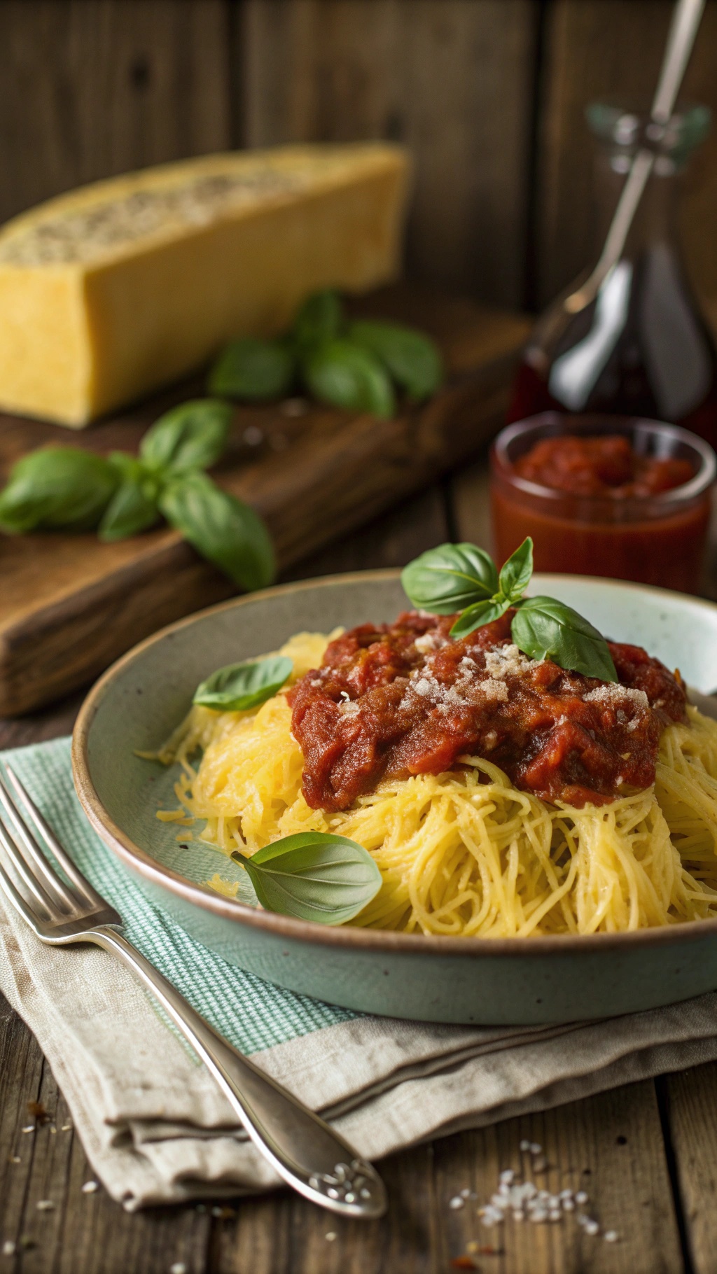 A bowl of spaghetti squash topped with tomato sauce and fresh basil, with a whole spaghetti squash in the background.