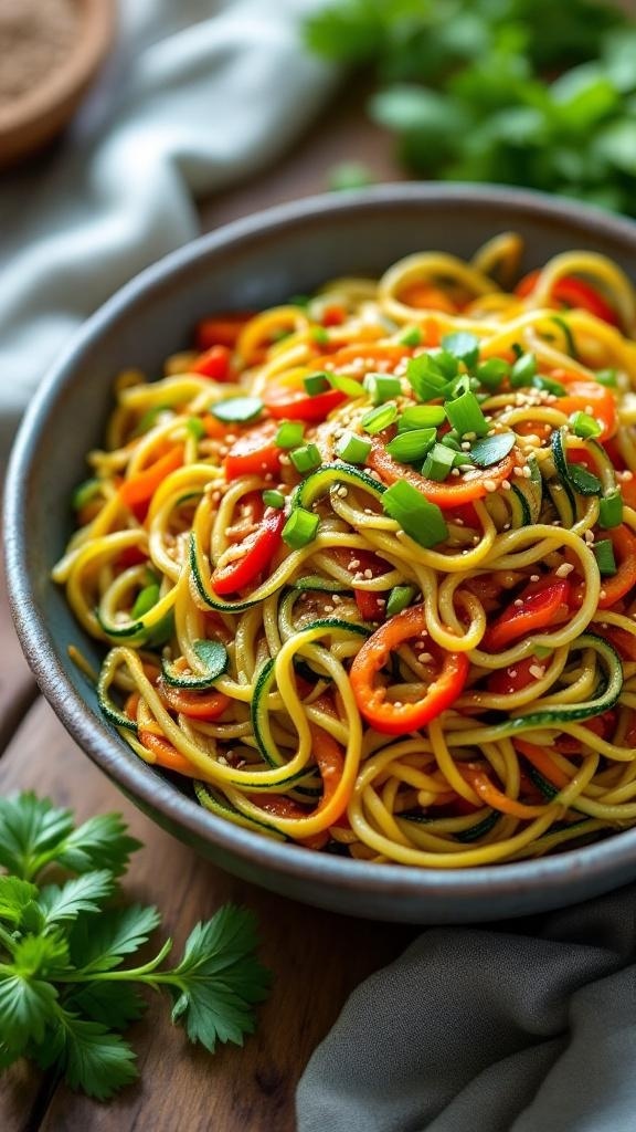A colorful bowl of zucchini noodle stir-fry with bell peppers and green onions.