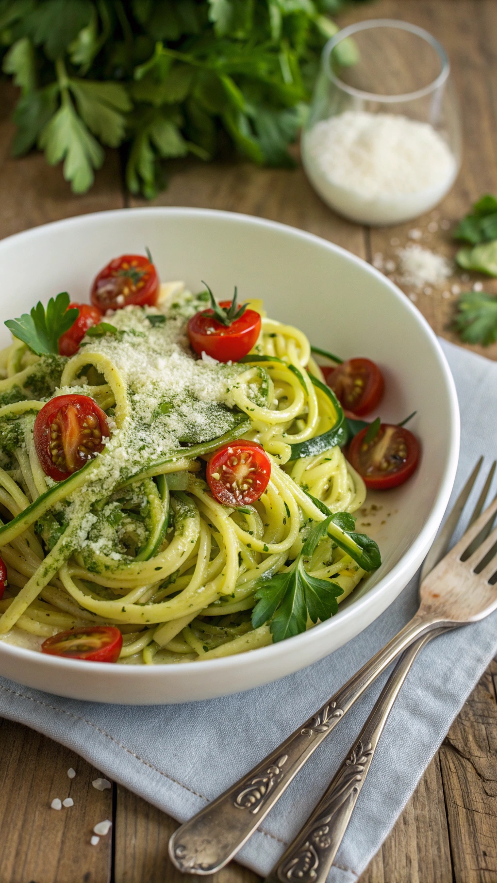 A bowl of zucchini noodles with garlic, olive oil, cherry tomatoes, and parsley on a wooden table.