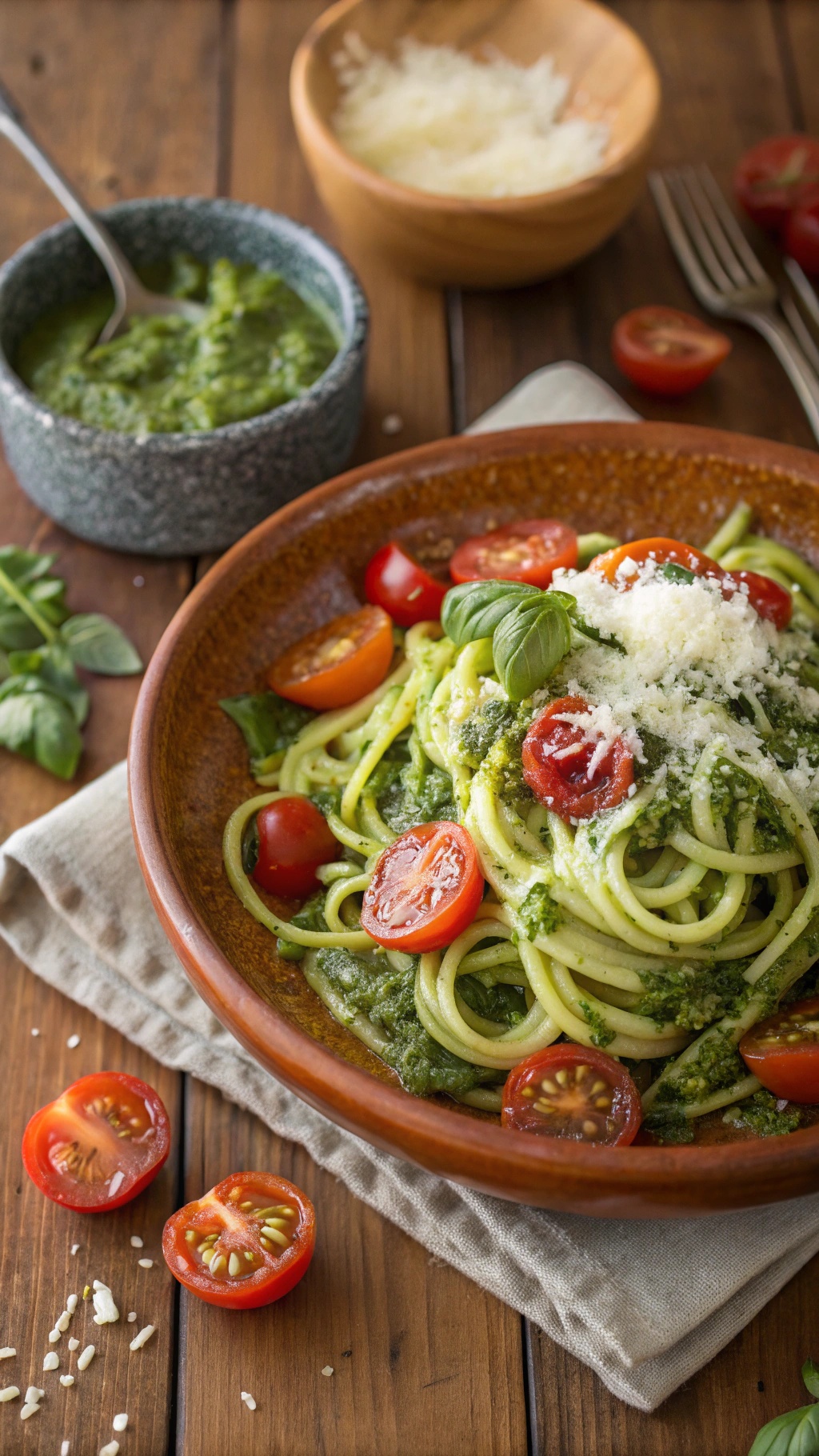 A bowl of zucchini noodles topped with pesto, cherry tomatoes, and cheese.