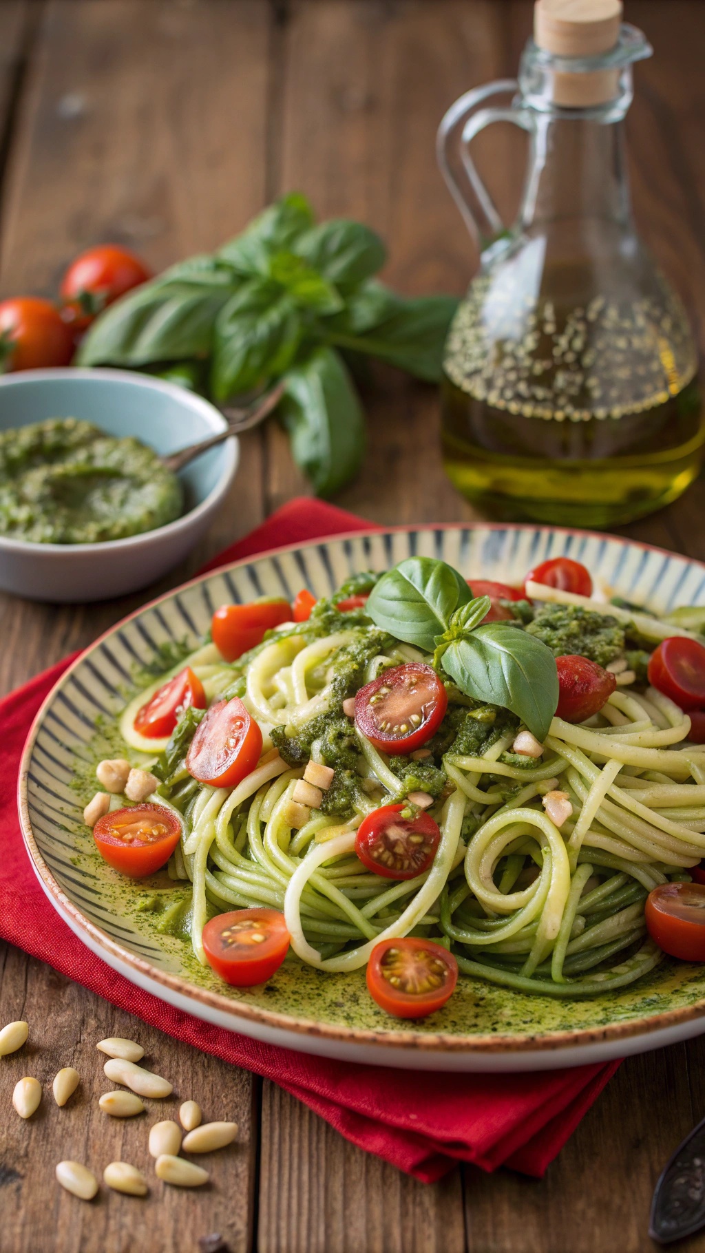 A plate of zucchini noodles topped with pesto, cherry tomatoes, and basil, with a bowl of pesto and olive oil in the background.
