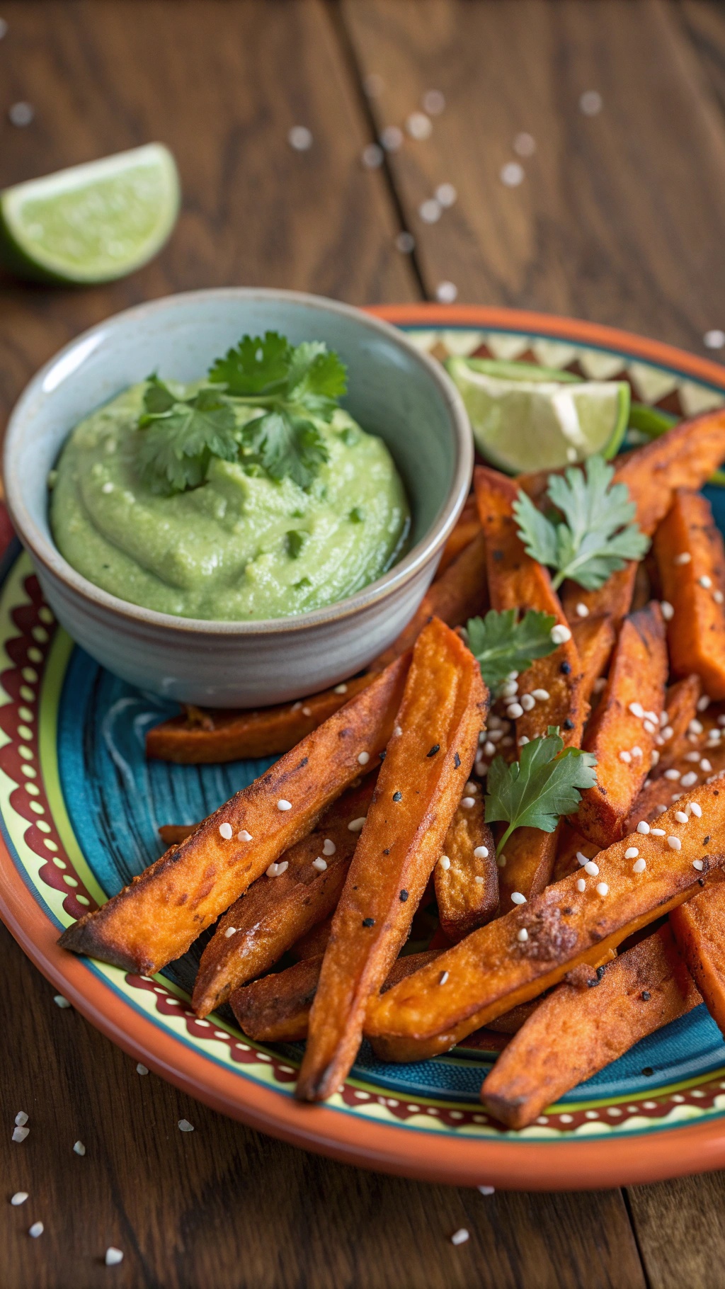 Baked sweet potato fries served with a green dip and garnished with cilantro.