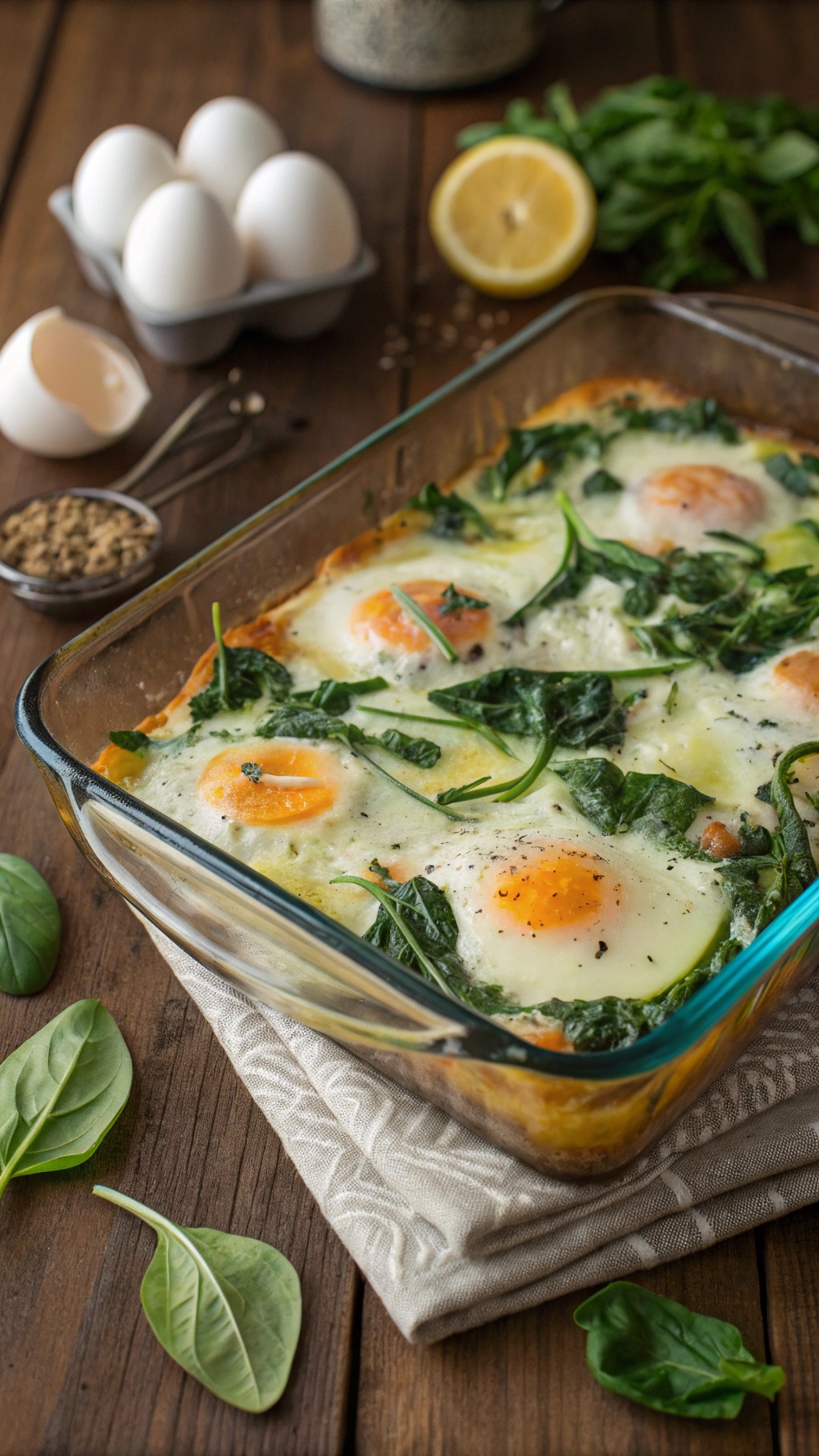 A delicious cheesy spinach and egg casserole in a glass baking dish, with fresh spinach leaves and eggs in the background.
