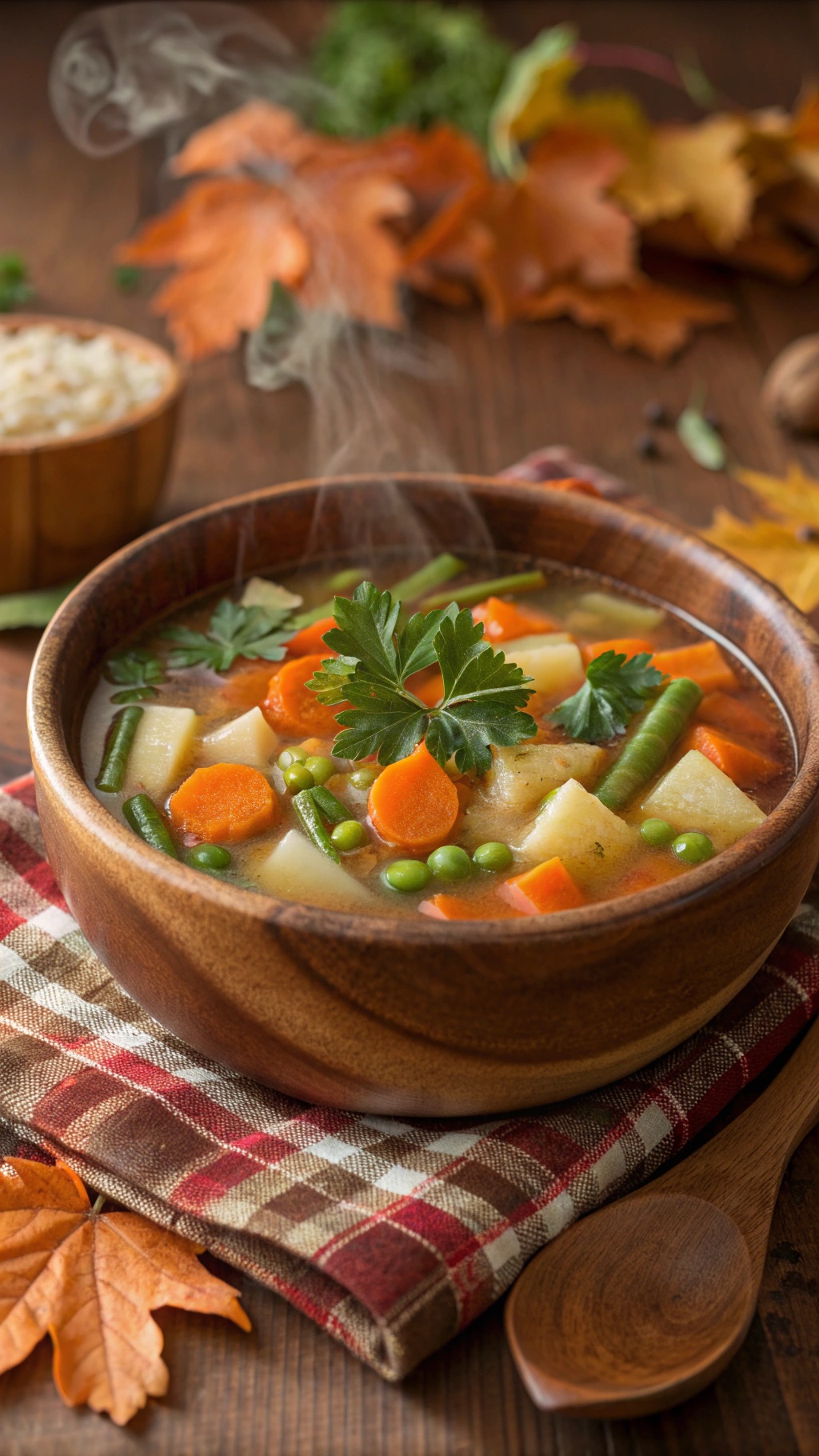 A warm bowl of vegetable soup with colorful vegetables and steam rising, placed on a checkered cloth with autumn leaves in the background.