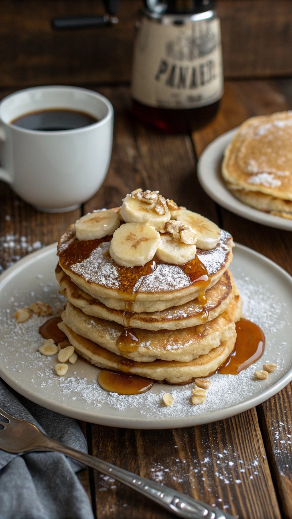 A stack of banana pancakes topped with banana slices and syrup, with a cup of coffee in the background.