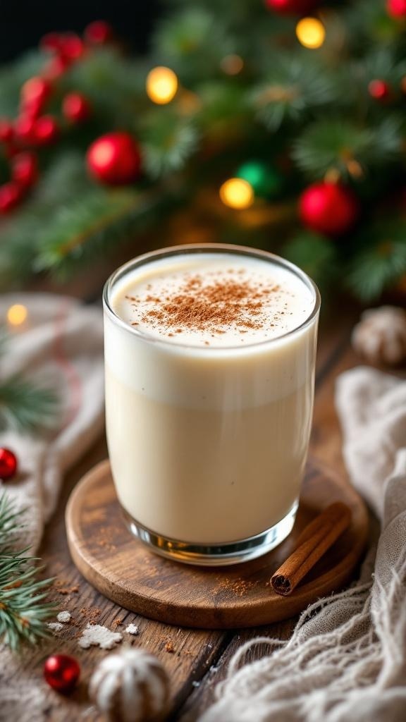 A glass of creamy low carb eggnog garnished with nutmeg and a cinnamon stick, set against a festive holiday backdrop.