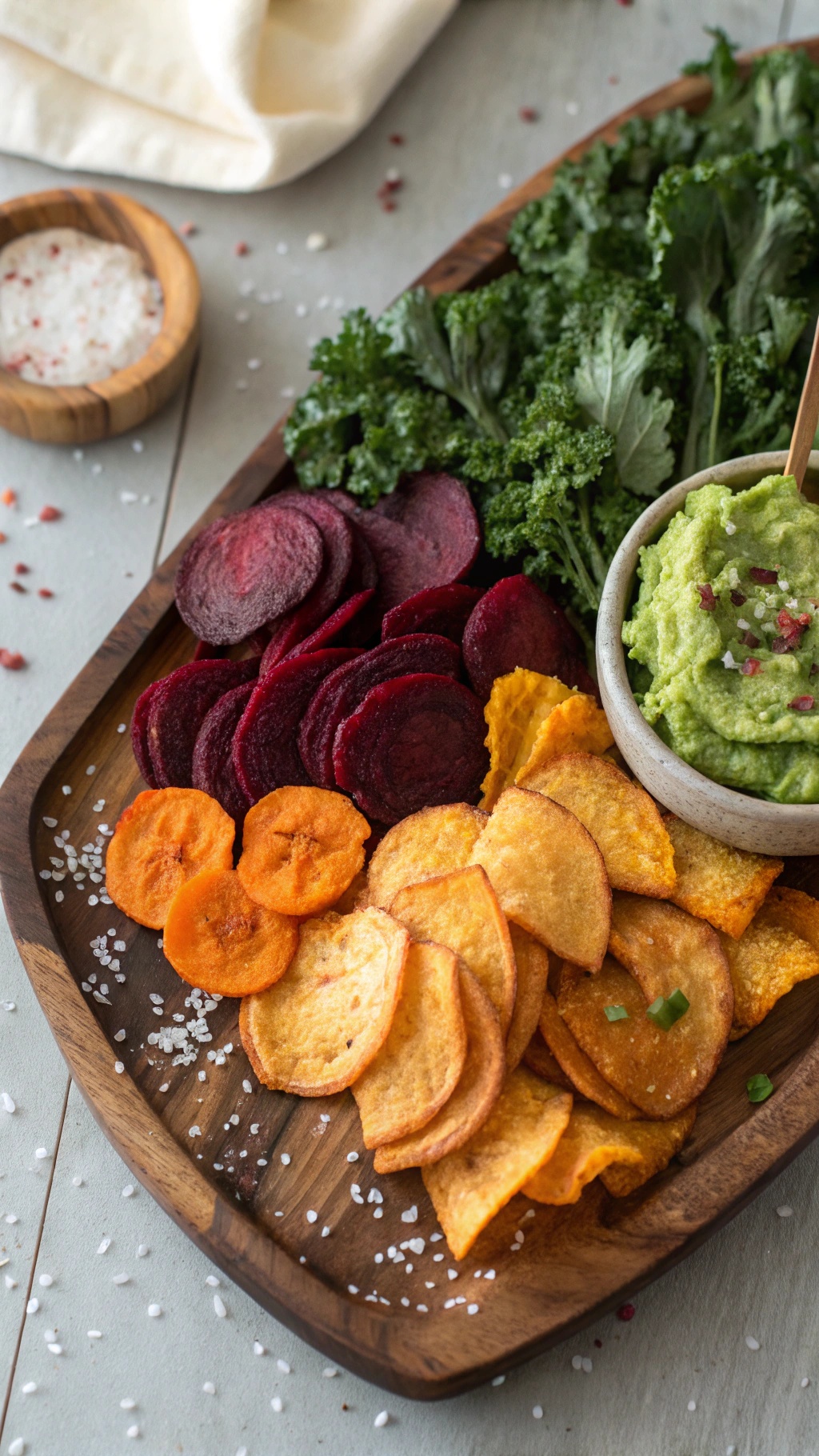 A wooden platter filled with colorful veggie chips including sweet potato, beet, and carrot, accompanied by greens and a bowl of guacamole.