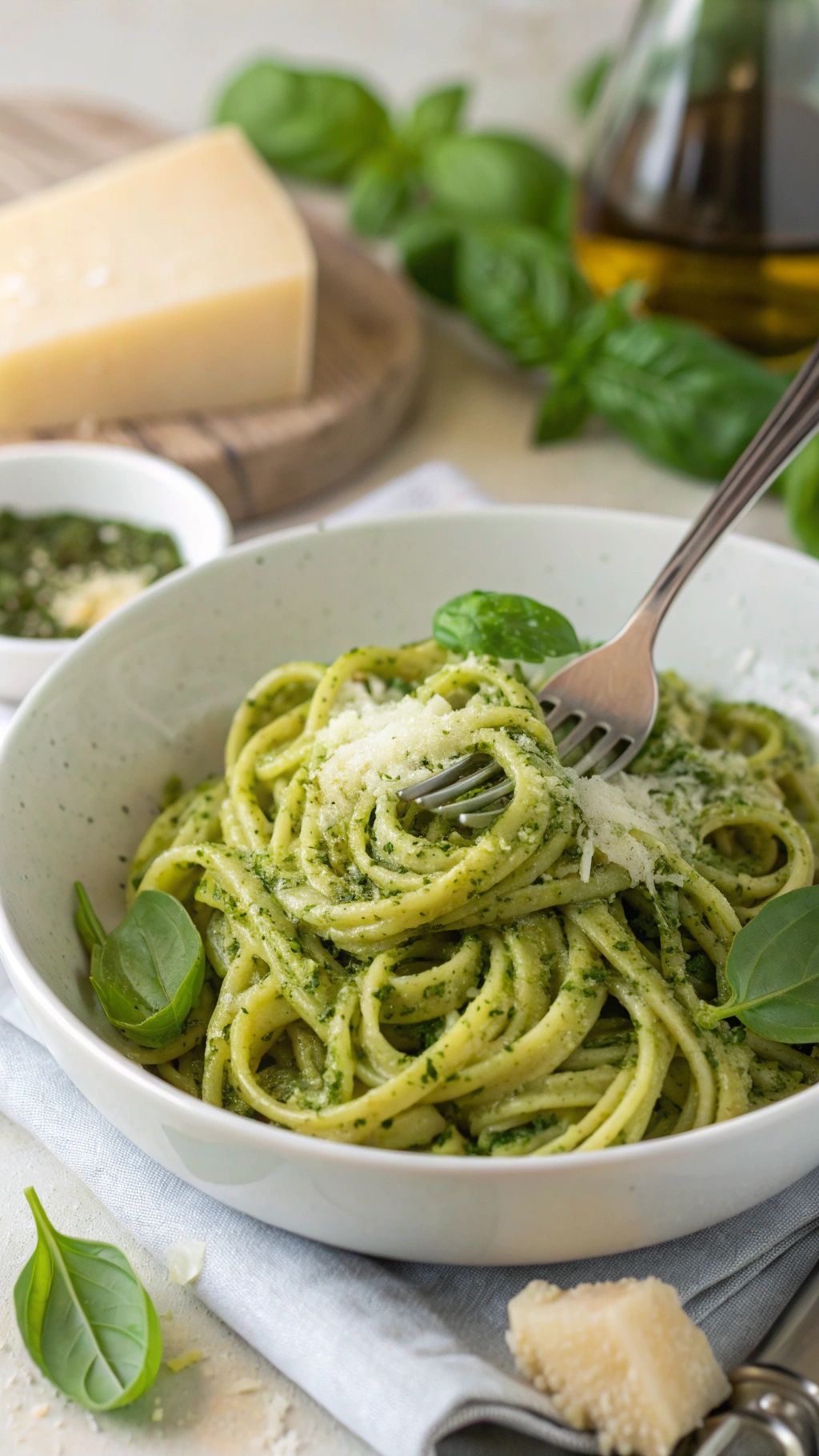 A bowl of pesto pasta with a fork, garnished with basil and Parmesan cheese.