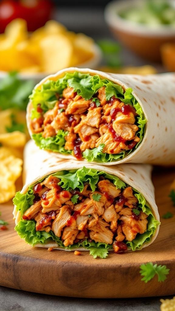 BBQ chicken wraps with lettuce and sauce, served on a wooden board