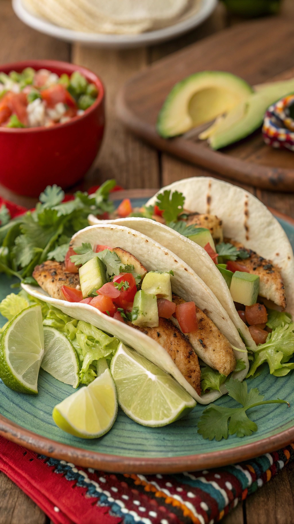 Healthy chicken tacos with fresh toppings and lime wedges on a colorful plate.