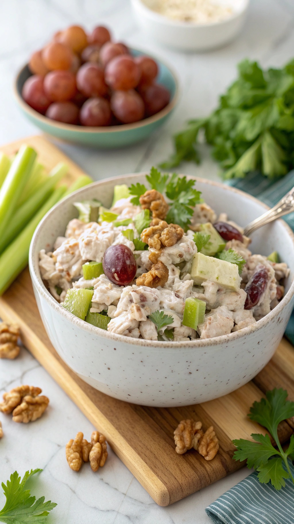 A bowl of Greek yogurt chicken salad with grapes, celery, and walnuts, garnished with cilantro.