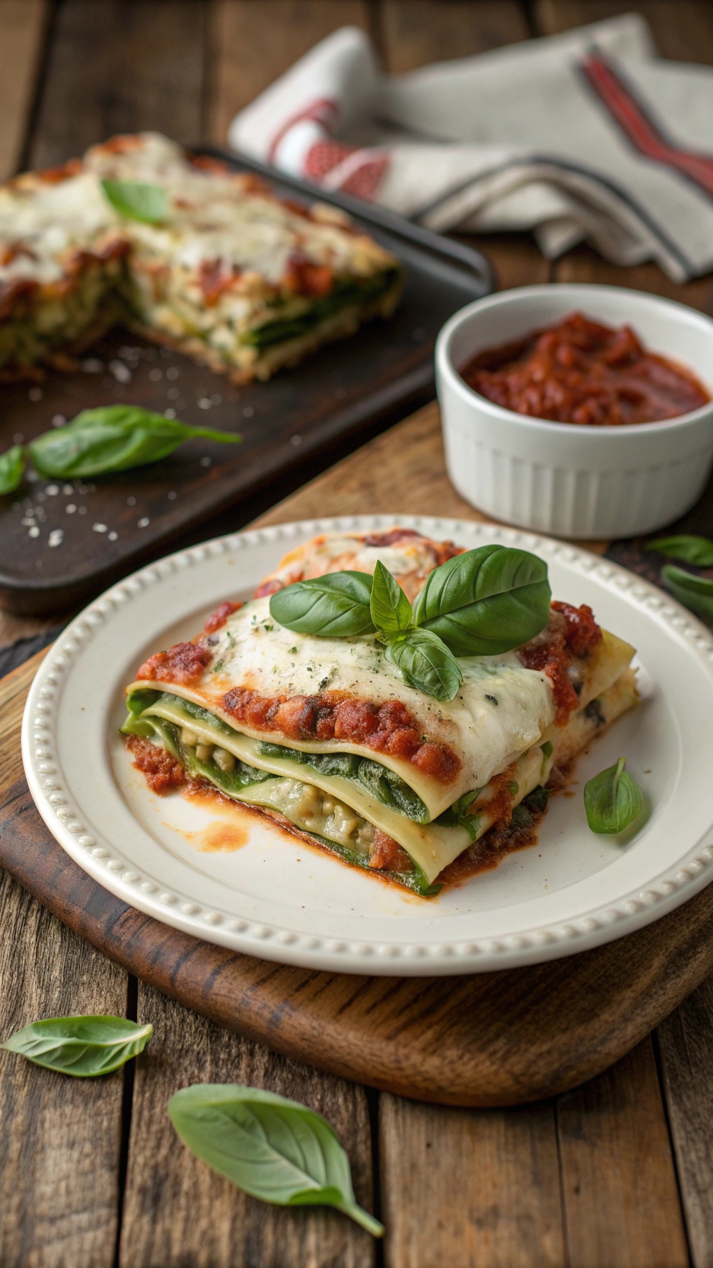 A plate of lightened up classic lasagna with zucchini noodles, topped with fresh basil and served with marinara sauce.