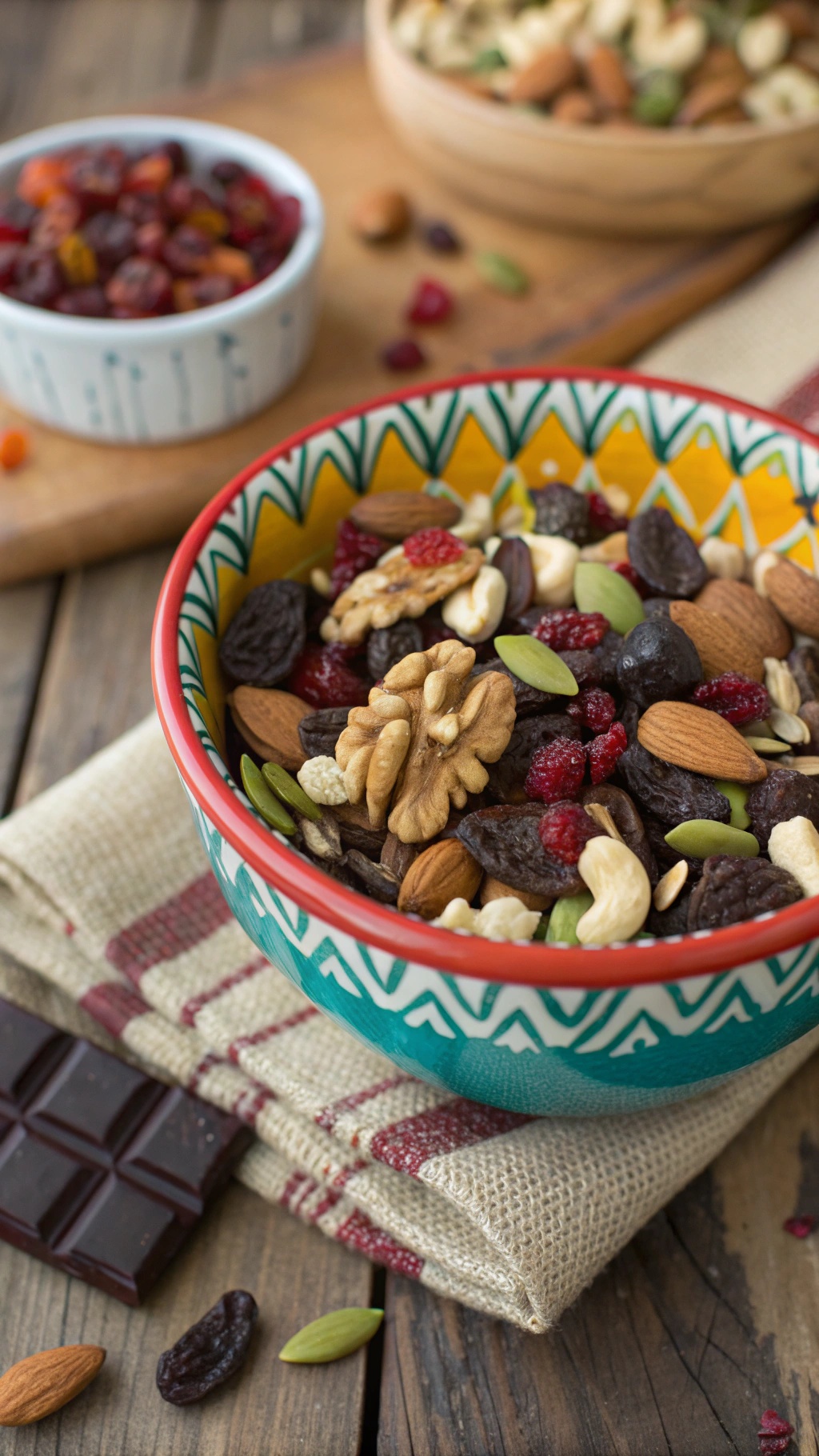 A colorful bowl of nutty trail mix with almonds, walnuts, dried cranberries, raisins, pumpkin seeds, dark chocolate chips, and cashews.