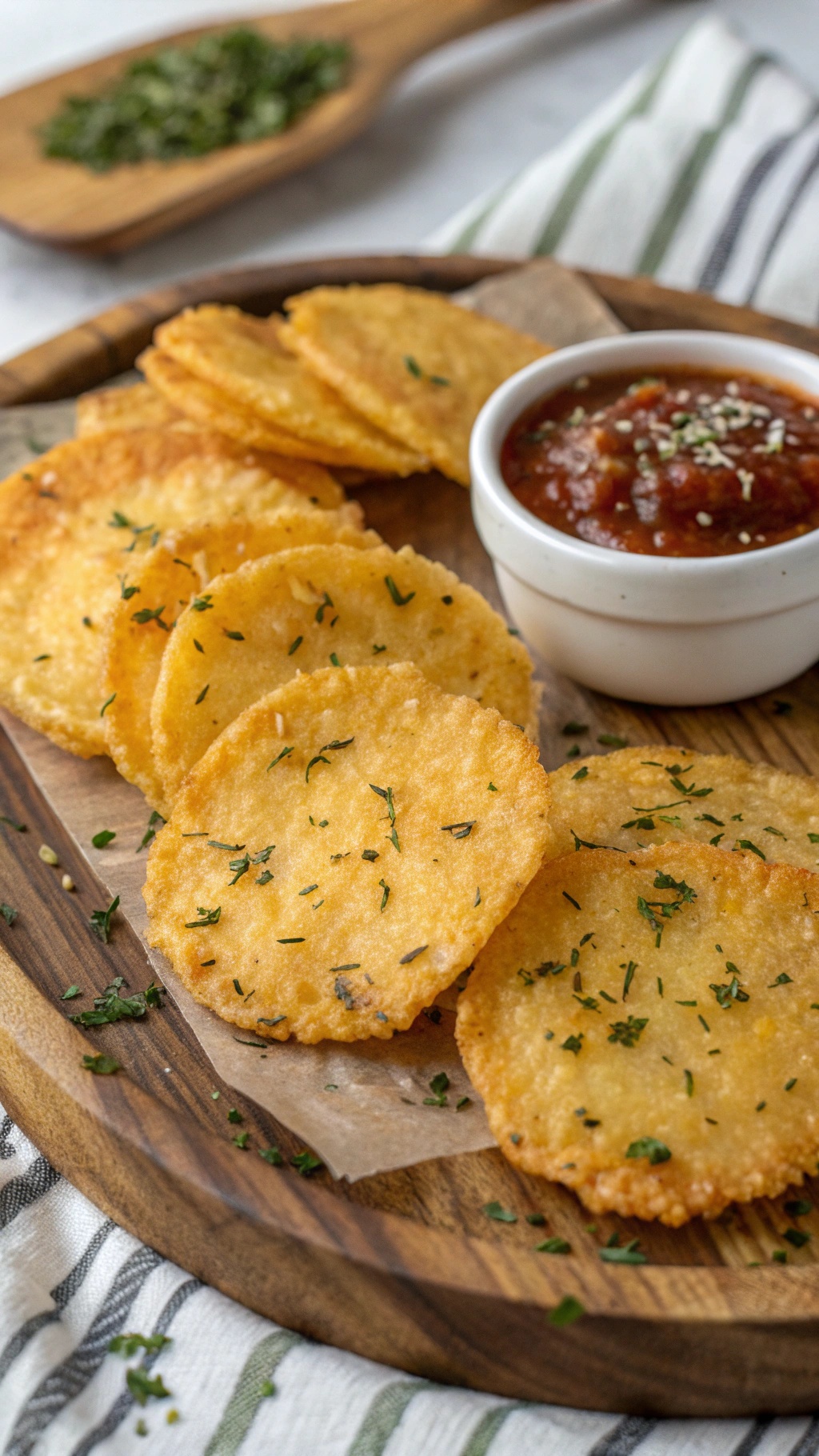 A wooden platter with cheese crisps and a small bowl of salsa, garnished with herbs.