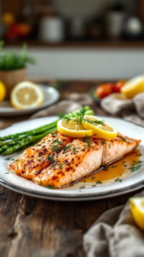 Baked salmon fillet with lemon and dill on a plate, served with asparagus
