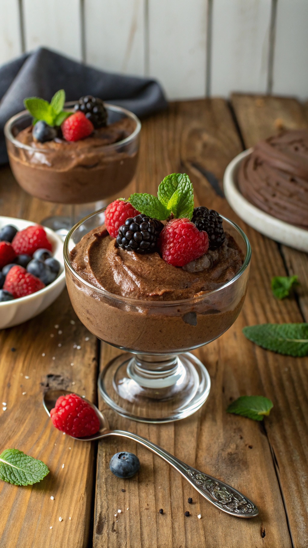 Chocolate avocado mousse topped with fresh berries and mint leaves in a glass dish