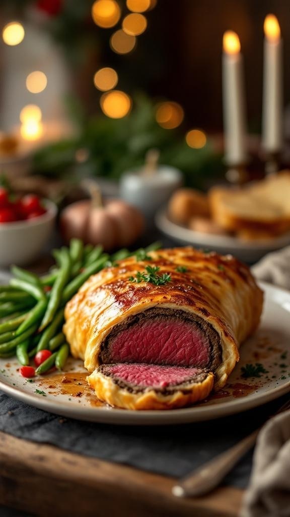 A beautifully cooked Beef Wellington with a golden pastry crust, sliced to reveal a juicy pink center, served with green beans and festive decorations.
