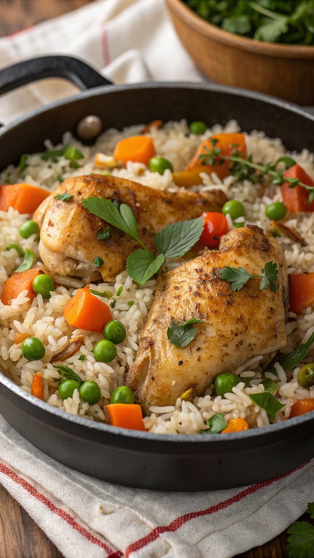 A delicious one-pot chicken and rice dish with colorful vegetables.