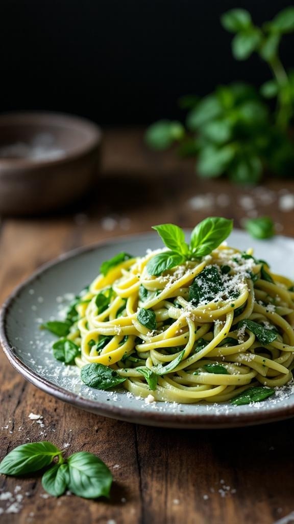 A plate of Spinach and Ricotta Pasta garnished with fresh basil on a rustic wooden table.