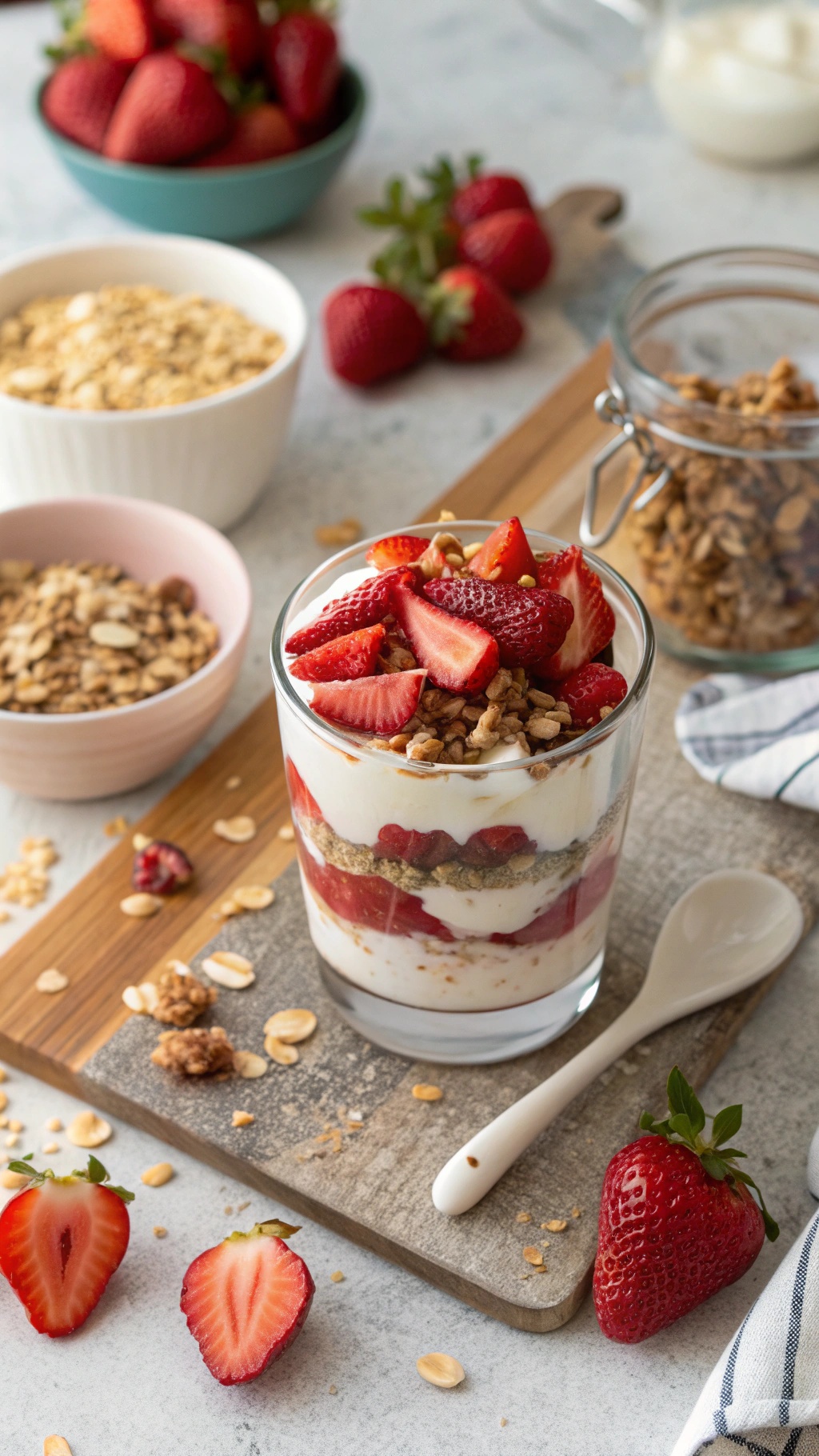 A yogurt parfait with layers of yogurt, strawberries, and granola in a glass jar.