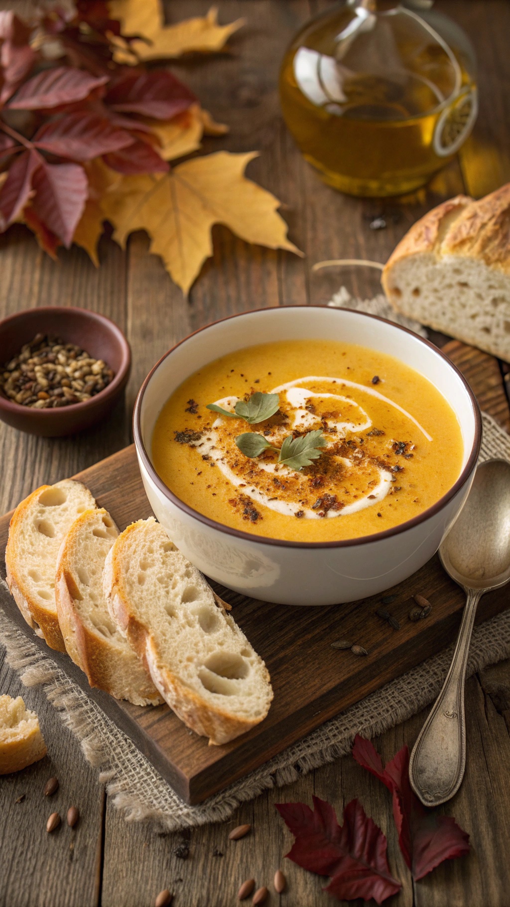 A bowl of butternut squash soup with cream swirl, garnished with spices, served with bread on a wooden table.
